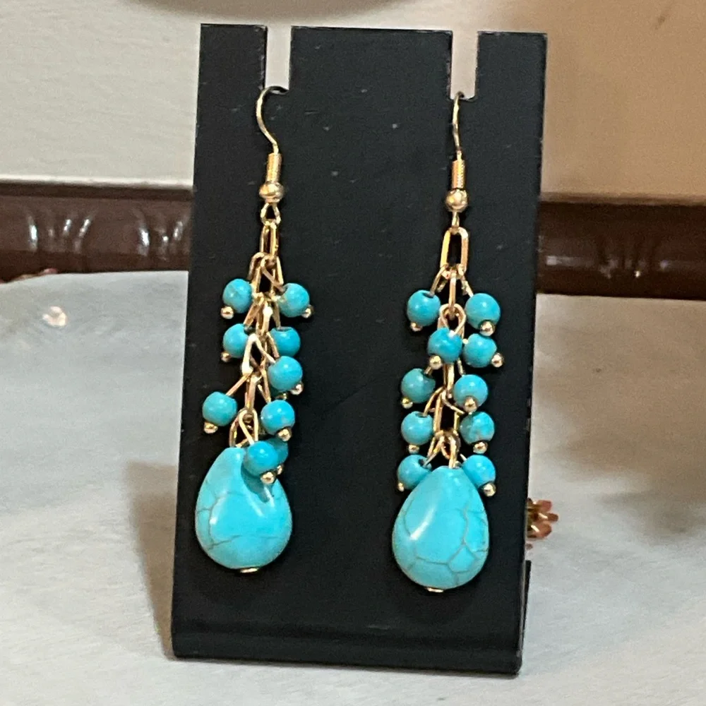 Turquoise and Gold Dangle Earrings - Picture 3 of 6